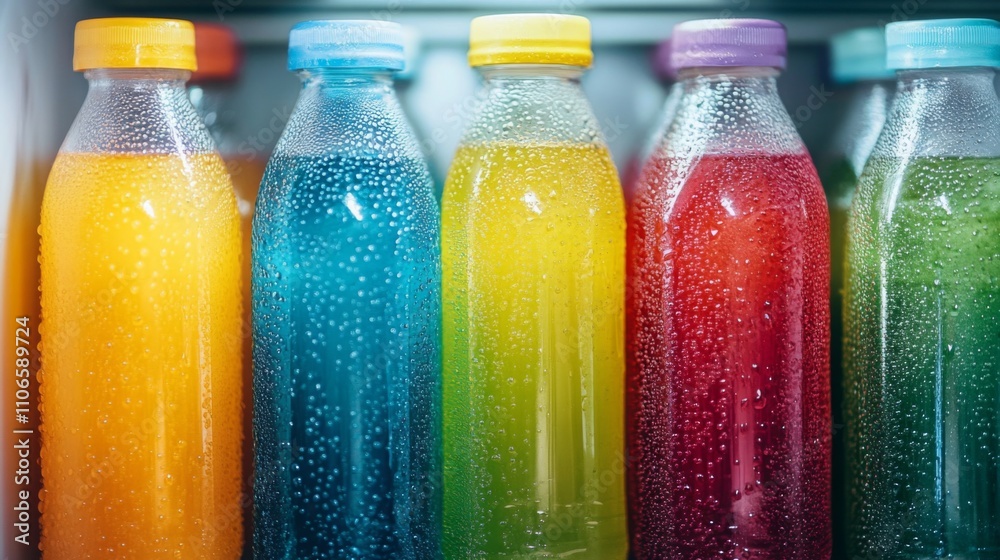 Aufkleber Colorful bottles of freshly made juice in a refrigerator create an inviting sight. Each bottle features a different fruit flavor, showcasing a range of refreshing options for a healthy choice.