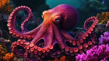 A large, colorful octopus is swimming in a coral reef