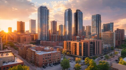Obraz premium Majestic city skyline showcases high-rise buildings reflecting warm sunset colors. The urban landscape highlights real estate development with a backdrop of golden light and a clear sky.