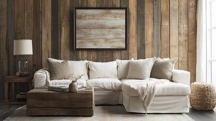 Obraz premium Modern farmhouse living room with sectional sofa, wood wall, and rustic coffee table.