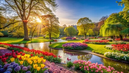 Obraz premium Bokeh Effect of Planten un Blomen Park in Hamburg, Germany, Capturing Late Spring Vibrance on a Sunny Day with Lush Greenery and Colorful Blooms