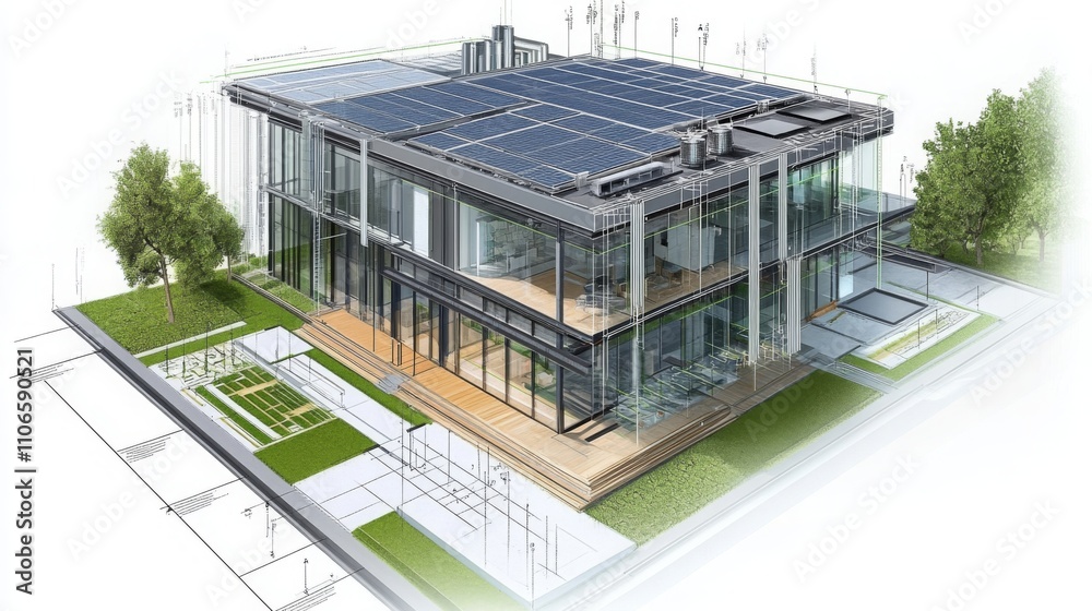 Aufkleber A detailed architectural rendering showcasing a modern building with solar panels and green spaces.