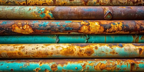 A symphony of rusted and chipped turquoise paint adorns a stack of weathered metal pipes, revealing the vibrant hues of oxidation beneath.