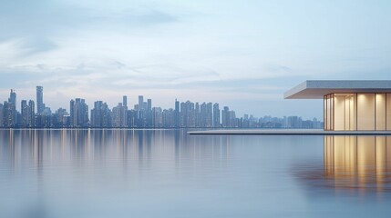 Emerging water resource technologies enhancing quality for urban living, city skyline at dusk with ambient light, modern and aspirational theme