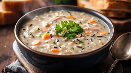 A comforting bowl of chicken and wild rice soup garnished with chopped parsley and cracked black pepper, Chicken and wild rice soup served in a ceramic bowl with steam rising delicately