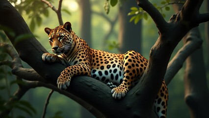 A serene image of a leopard perched in a tree, highlighting its agility and ability to adapt to both arboreal and terrestrial environments.