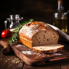 Artisan Wheat Bread Loaf Sliced, Rustic Wooden Board, Seeds