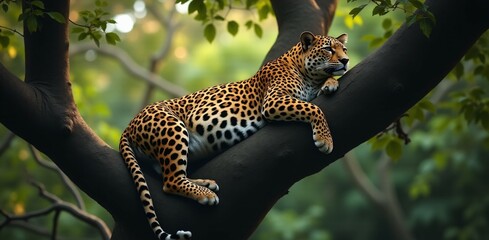 A serene image of a leopard perched in a tree, highlighting its agility and ability to adapt to both arboreal and terrestrial environments.