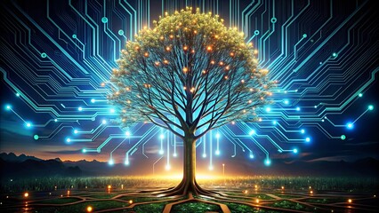A luminous tree, its branches adorned with glowing orbs, stands bathed in the soft glow of twilight, its roots intertwined with a network of intricate digital pathways.