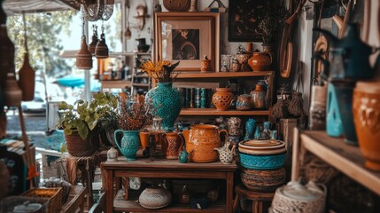 Rustic Shop Interior with Earthenware and Plants