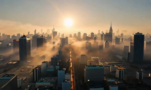 Fog Surrounding Tall City Buildings Under Bright Sunlight