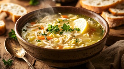 A comforting bowl of chicken noodle soup garnished with chopped parsley and cracked black pepper, Chicken noodle soup served in a ceramic bowl with steam rising delicately
