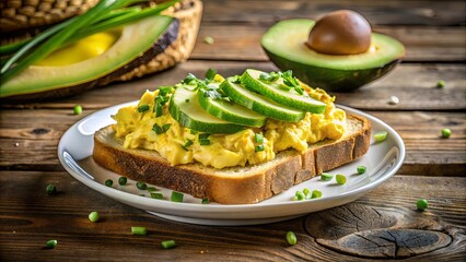 Scrambled Eggs with Cucumber and Fresh Greens on Toast, Served on a White Plate with Scattered Greens