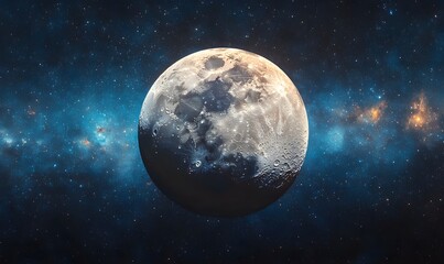 Fototapeta premium A panoramic image of the moon prominently displayed with a vivid starscape