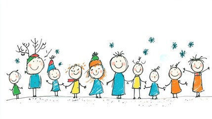 Fototapeta premium Joyful Children Celebrating Winter in Colorful Attire, Expressing Happiness and Togetherness through Playful Gestures in a Delightful Snowy Landscape