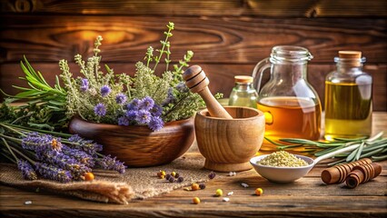 A Still Life of Herbal Remedies, Featuring a Mortar and Pestle, Bowls Filled with Dried Flowers, and Bottles of Golden Liquid