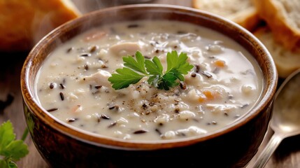 A comforting bowl of creamy chicken and wild rice soup garnished with chopped parsley and cracked black pepper, Chicken and wild rice soup served in a ceramic bowl with steam rising delicately