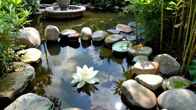 Lotus flower floating in clear water fountain with stones and bamboos around. Generative AI.
