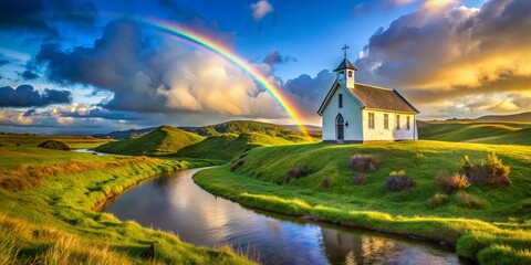Naklejka premium A tranquil scene of a white chapel perched on a grassy hill, with a winding river snaking through the lush landscape, all under a vibrant rainbow arching through a dramatic sky.