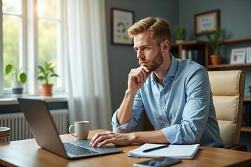 Naklejka premium Focused professional man typing on his laptop in a bright home workspace surrounded by greenery