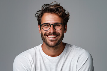 Obraz premium a Caucasian man, aged 30s to 50s, in minimal professional clothing, standing confidently with a relaxed, welcoming expression against a gray backdrop.