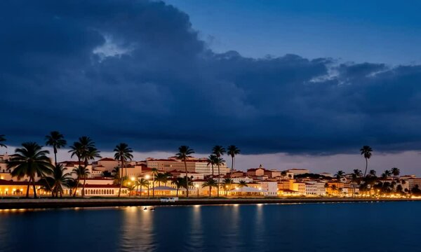 Lit Cityscape Along a Calm Waterfront