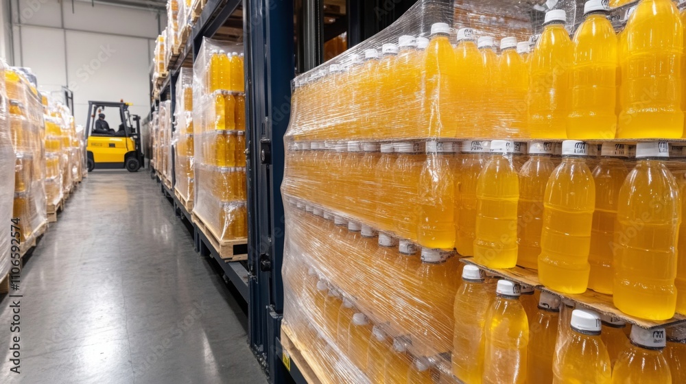 Aufkleber a spacious warehouse filled with neatly arranged pallets of bottled juice. forklifts maneuver betwee