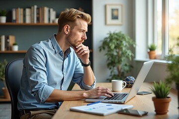 Naklejka premium Home office productivity: Young man typing on a laptop while working remotely in a stylish home environment