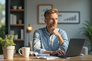 Home office productivity: Young man typing on a laptop while working remotely in a stylish home environment