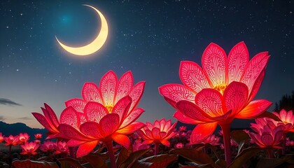 A whimsical dreamworld featuring gigantic flowers with intricate patterns, producing soft musical notes