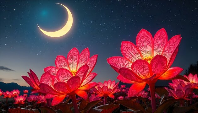 A whimsical dreamworld featuring gigantic flowers with intricate patterns, producing soft musical notes