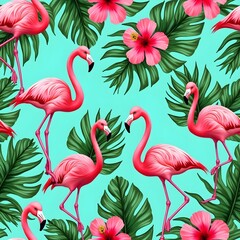Obraz premium hawaiian shirt seamless pattern with tropical flora green leaves and pink flamingos. Generative ai 