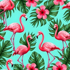 Obraz premium hawaiian shirt seamless pattern with tropical flora green leaves and pink flamingos. Generative ai 