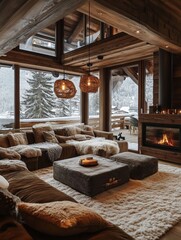 Cozy Mountain Cabin Living Room With Fireplace