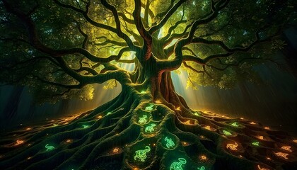 A colossal Tree of Life with luminous bioluminescent leaves, its roots forming intricate pathways filled with small glowing creatures