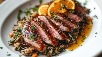 Grilled duck breast is beautifully plated over wild rice, garnished with fresh herbs and orange slices. This dish showcases rich colors and enticing textures, perfect for gourmet dining.