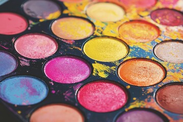 Naklejka premium Vibrant Colorful Eyeshadow Palette with Various Shades for Makeup Application and Artistic Creations