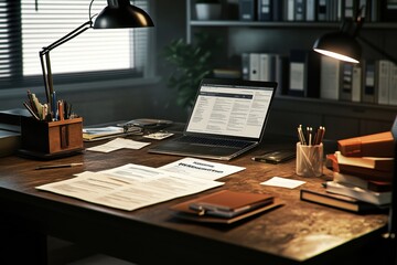 Cozy Workspace with Laptop, Papers, Books, and Desk Lamp in Evening Light