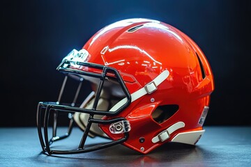 Fototapeta premium Bright Orange Football Helmet on Dark Background with Glossy Finish and Black Facemask for Sports Equipment Illustrations
