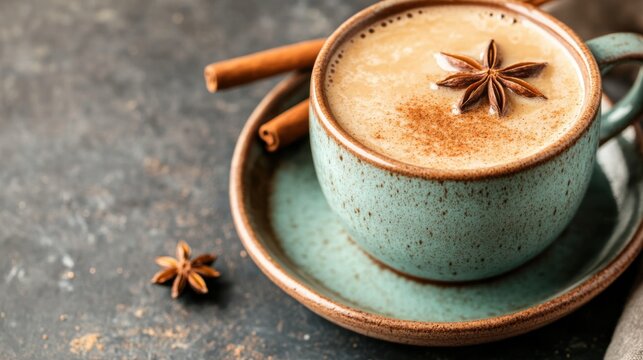 A cozy cup of chai latte served with a cinnamon stick and a sprinkle of ground cinnamon, Chai latte presented in a ceramic mug with frothy milk, Star anise floating on top