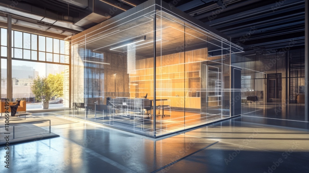 Poster Advanced ai technology is used in designing a contemporary office layout. The glass-enclosed space emphasizes open areas and functional design.
