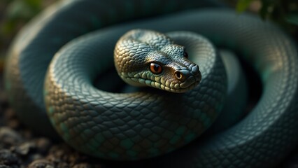 Fototapeta premium A captivating close-up of a snake, showcasing the intricate textures of its scales, sharp eyes, and graceful form, conveying its sleek beauty and natural elegance.