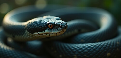 Obraz premium A captivating close-up of a snake, showcasing the intricate textures of its scales, sharp eyes, and graceful form, conveying its sleek beauty and natural elegance.
