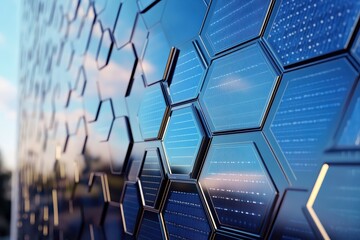 Close-Up View of Hexagonal Solar Panels in Blue Tone with Reflections and Modern Design Elements
