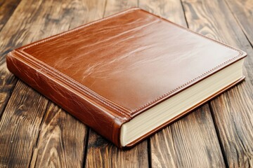 Brown Leather Bound Book on Wooden Surface, Ideal for Vintage, Classic, or Rustic Settings