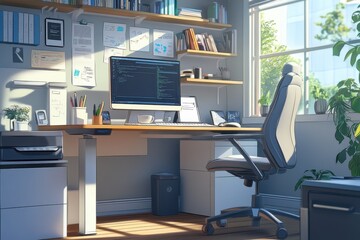 Modern Home Office Interior with Computer Workspace and Natural Light Streaming In