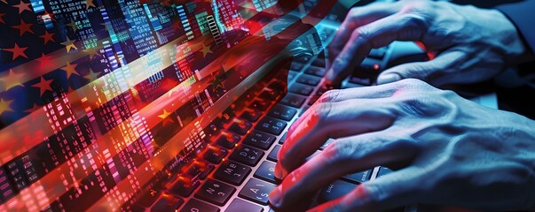 Hands Typing on Laptop with American Flag and Data Overlay