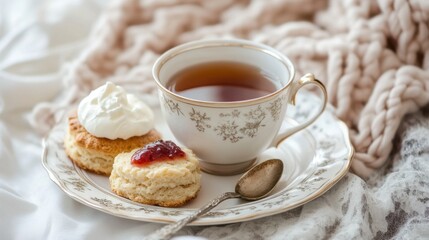 A cozy cup of Earl Grey tea accompanied by a plate of freshly baked scones with clotted cream and strawberry jam, Earl Grey tea served in a porcelain cup, Tea spoon resting on the saucer