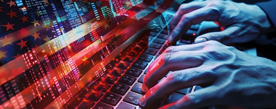 Hands Typing on Laptop with American Flag and Data Overlay
