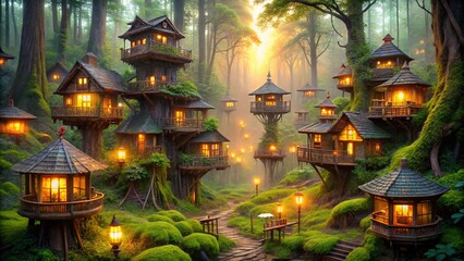 Obraz premium A winding stone path leads through a magical forest, illuminated by flickering lights, as enchanting treehouses nestled among towering trees create a scene of ethereal beauty.